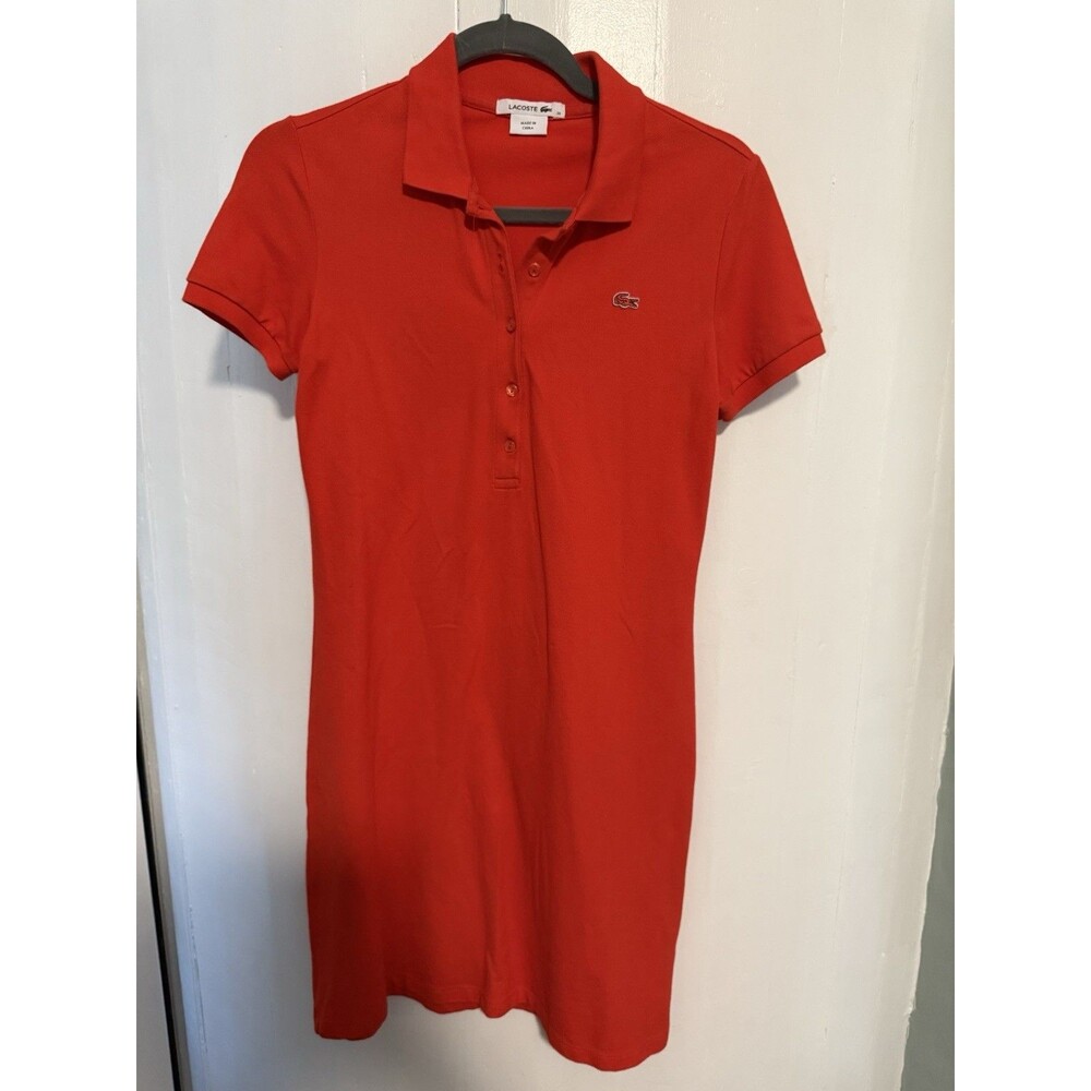 LACOSTE Women's Polo Shirt Dress Size 36 Small Red Cotton Pique Stretch